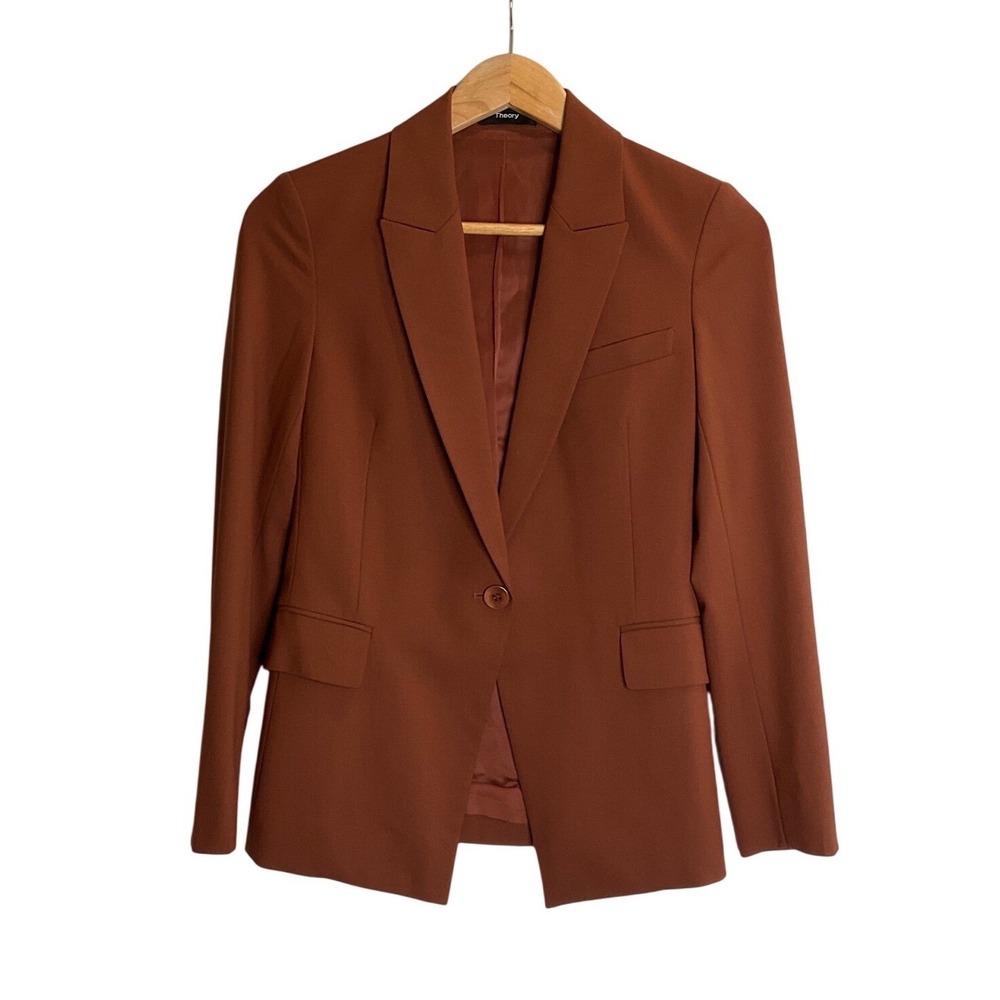 Theory Wool Blend Blazer Brown Stretch Lined Preppy Career Tailored Luxury 00